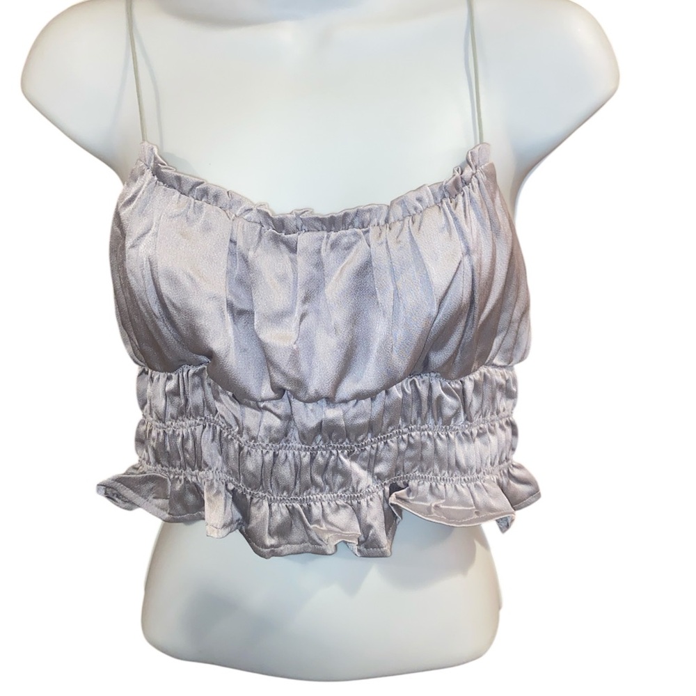 ENDLESS BLU Women's Ruched Silver Gray Sleeveless Tank Crop Top Small NWT